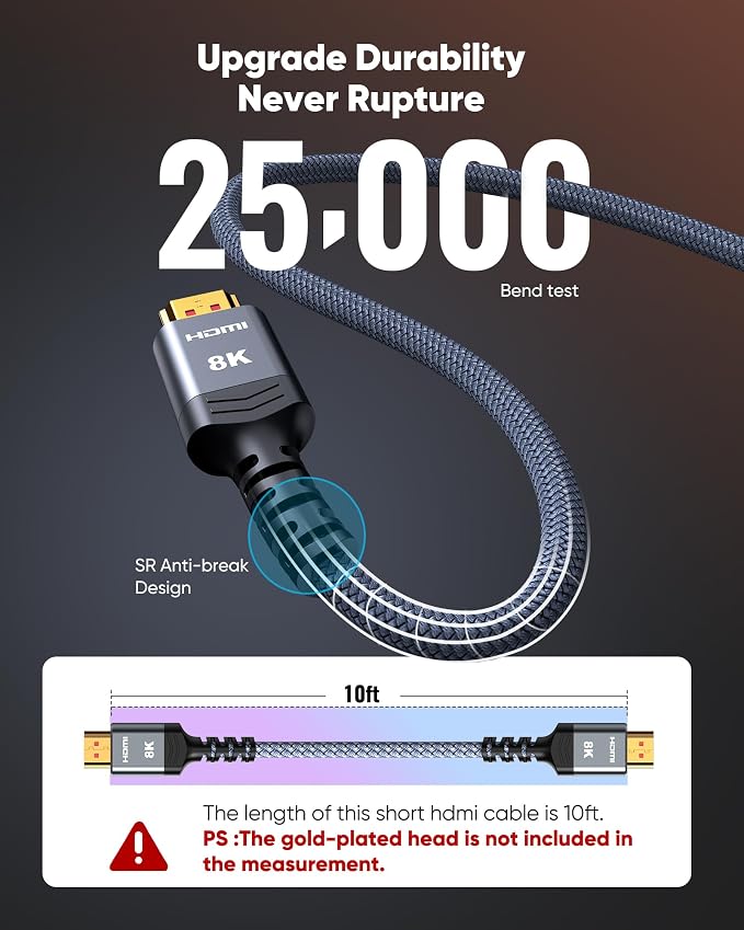 Highwings 8K@60 HDMI Cable 10FT/3M, 48Gbps 2.1 High Speed HDMI Braided Nylon - Image 5