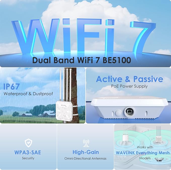 WAVLINK WiFi 7 BE5100 Outdoor WiFi Extender, Dual Band Long-Range Outdoor WiFi - Image 3