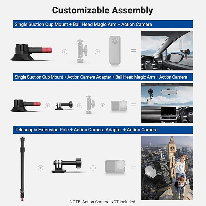 NEEWER Triple Suction Cup Car Mount Kit, Two 24" Aluminum Alloy Extension Poles - Image 3