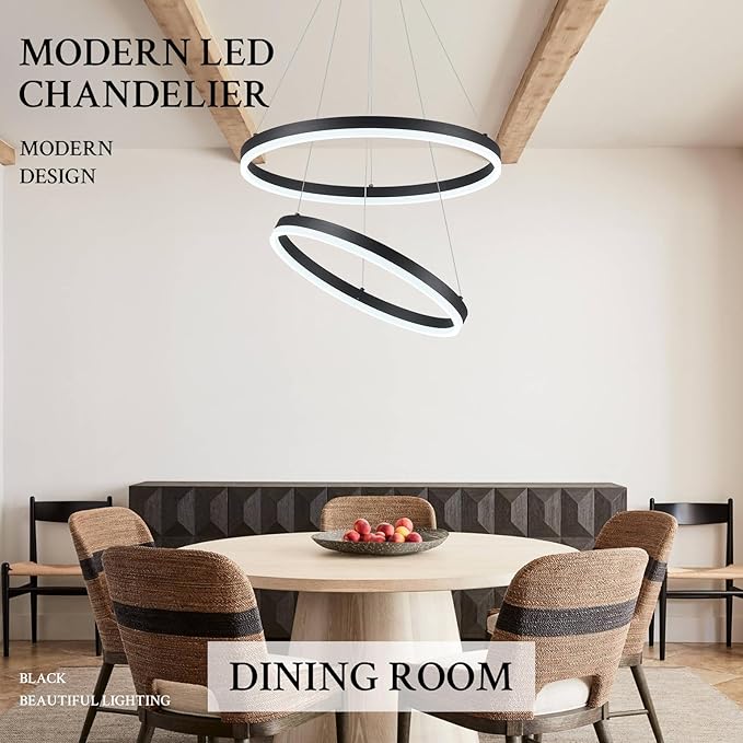 Modern LED Chandelier Black 2-Rings Pendant Light Circular Flush Mount Ceiling - Image 3