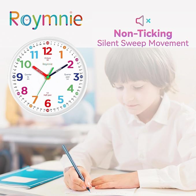 Roymnie Wall Clock for Kids Learning to Tell Time Non Ticking Battery Operated - Image 8
