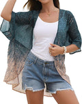 Women's Floral Print Puff Sleeve Kimono Cardigan Loose Cover Up Casual Blouse by CHICGAL
