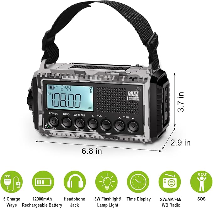 Raynic Solar Radio, 12000mAh/44400mWh Battery Operated Weather Radio, Hand - Image 6
