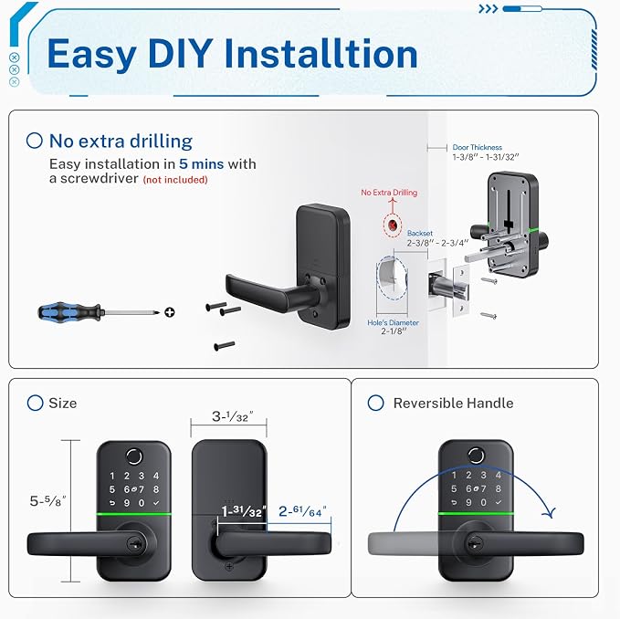 Keypad Smart Door Lock with Handle: Kucacci Keyless Entry Fingerprint Lock - Image 6