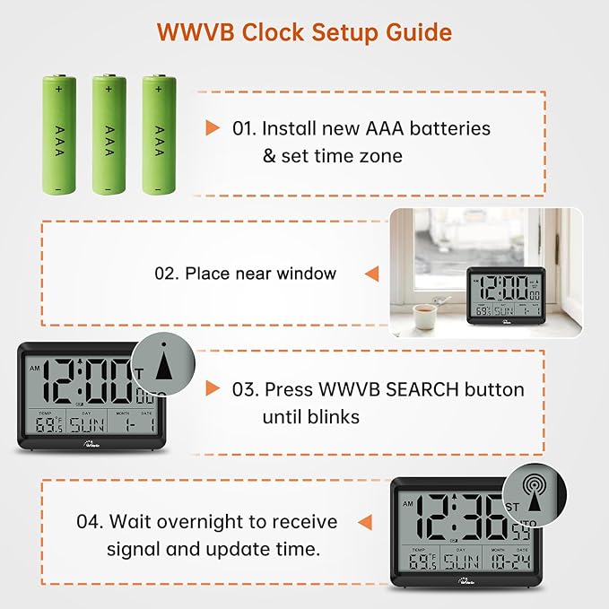 WallarGe Atomic Digital Wall Clock Battery Operated, Self-Setting, Large Display - Image 6