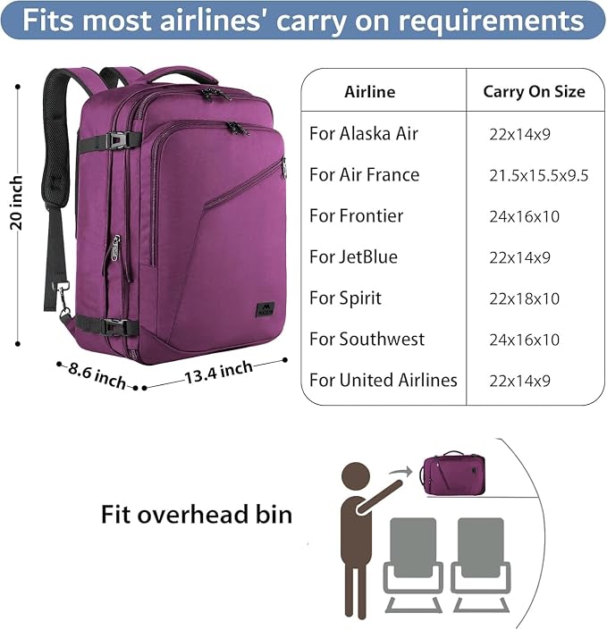 MATEIN Large Purple Travel Backpack, Water Resistant Airplane Backpack - Image 2