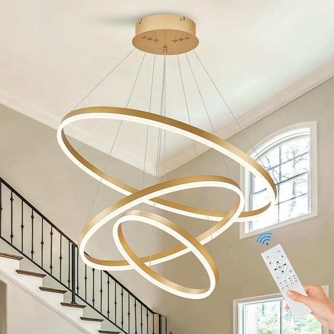 3-Rings Modern LED Chandelier Gold, Dimmable Pendant Lighting by Sparklelf