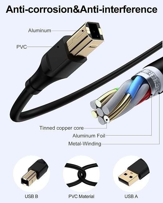 HP Printer Cable 10ft, Square USB A to USB B Cable - Image 5