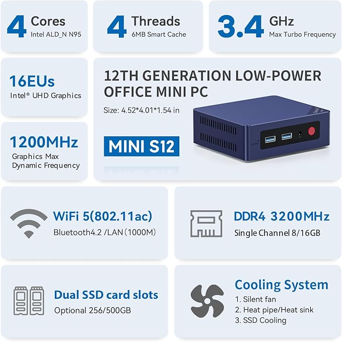 Beelink Mini PC, Mini S12 Intel 12th Gen 4-Core N95, Mini Computer 8GB DDR4 RAM - Image 2