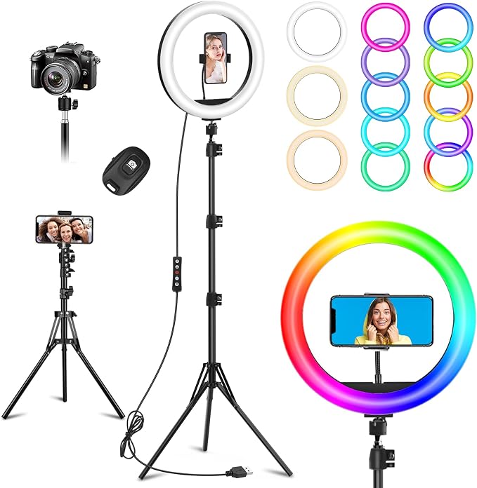 10.3" Selfie Ring Light with Stand and Phone Holder, 96 RGB Lighting Modes by Vlogging
