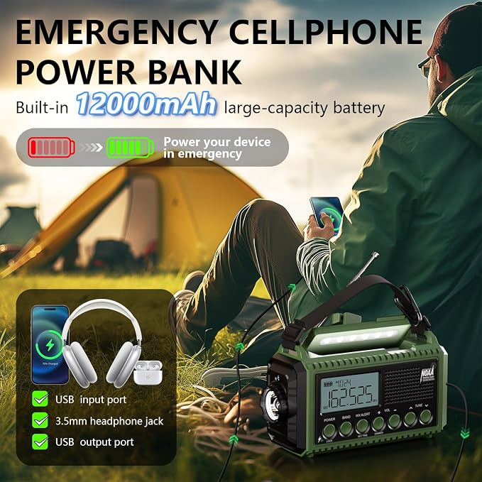 NOAA Emergency Radio with Auto Weather Alerts - 12000mAh Solar Hand Crank - Image 5