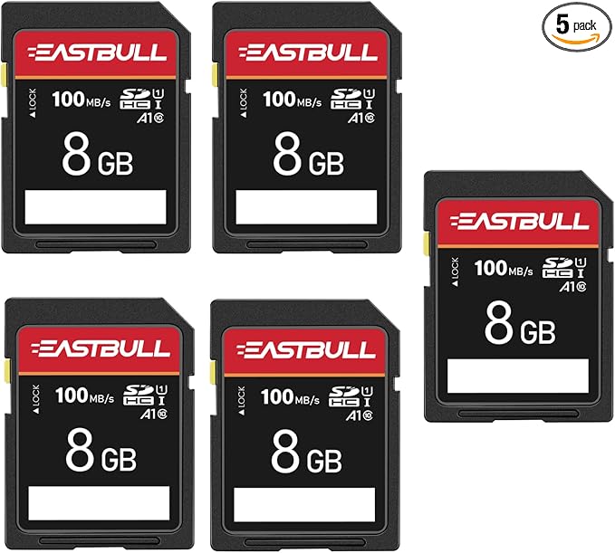 5-Pack of SD Card 8GB EASTBULL Class 10 SD Card U1 V30 High-Speed 100MB/s Read by EASTBULL