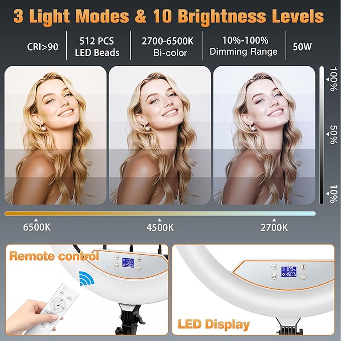 22'' Ring Light with 75'' Tripod Stand, LED Display/2 USB Ports/6500K Dimmable - Image 4