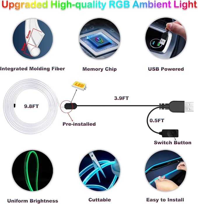 Jushope Interior Car LED Strip Lights, RGB USB Car Ambient Lighting, Car - Image 3