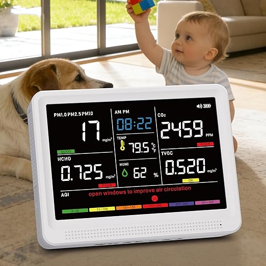Upgrade 16 in 1 Air Quality Monitor Indoor 15h Battery & 5.5" Display 9 AQI+7 by YNAK