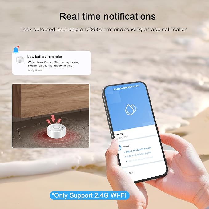 WiFi Water Leak Detector: Smart Water Sensor Alarm, 100dB Adjustable Alarm and - Image 4