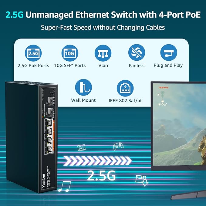 YuanLey 6 Port 2.5G PoE Switch Unmanaged, 4 x 2.5G Base-T PoE Ports, 2 x 10G SFP - Image 2