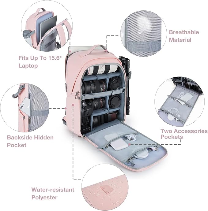 BAGSMART Camera Backpack, DSLR SLR Camera Bag Backpack Fits 15.6 Inch Laptop - Image 3