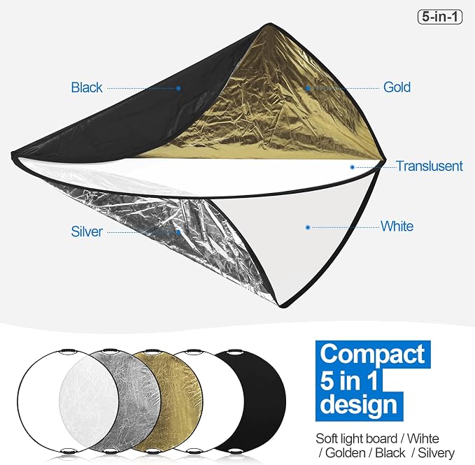 Wellmaking 43Inch/110cm Photography Light Reflector, Portable Foldable 5 in 1 - Image 2