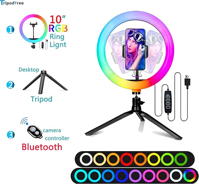 10" Selfie Ring Light with 4" Desktop Tripod Stand & 1 Phone Holder, LED - Image 2