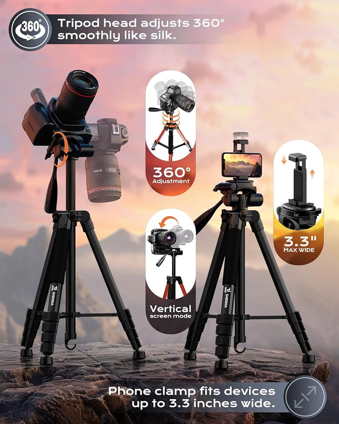 73" Camera Tripod for Camera and Phone, Aluminum Travel Tripod for iPhone - Image 5