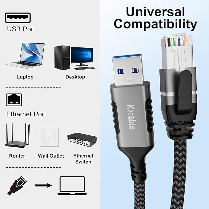 USB to Ethernet Cable 30 FT, 3.0 A Male to RJ45 Male Cord, Directly Connected - Image 6