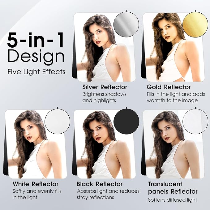5-in-1 Light Reflector 43 Inch/110 cm Photography Diffuser Collapsible Portable - Image 2