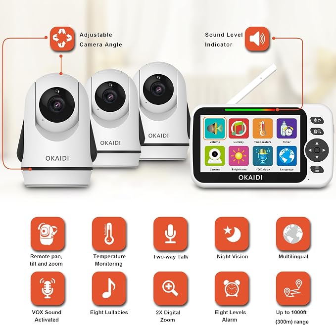 OKAIDI Video Baby Monitor with 3 Cameras, 30H Battery and 1000ft Range - Image 2