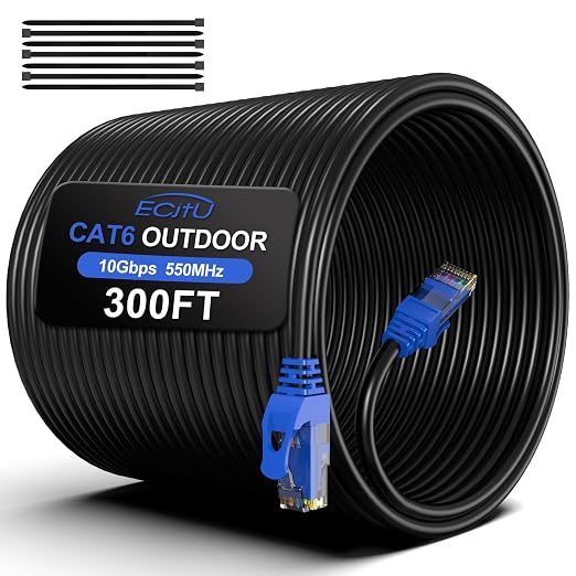 300FT Cat6 Outdoor Ethernet Cable, Heavy Duty Direct Burial, 24AWG CCA Patch by ECJTU-US