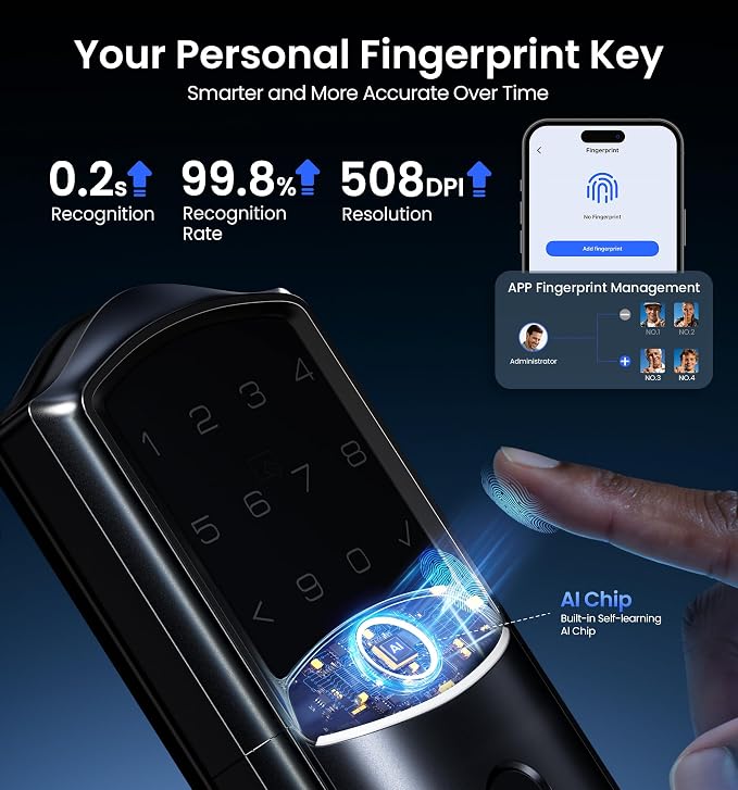 Veise VE027 Built-in Wi-Fi Smart Lock, Fingerprint Keyless Entry Front Door Lock - Image 5
