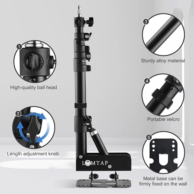 LOMTAP Ring Light Wall Mount Adjustable 45.7" Boom Arm Stand - Image 3