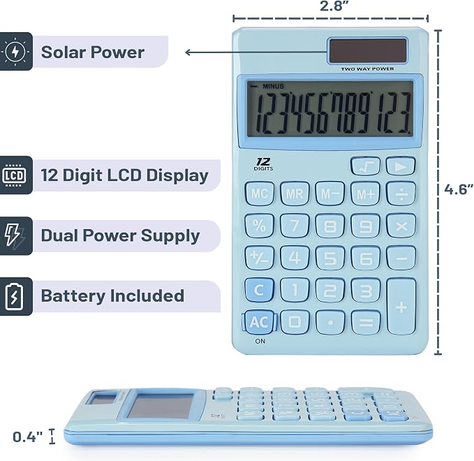 Mr. Pen- Standard Function Calculator, 12 Digits, Small Light Blue Solar Pocket - Image 2