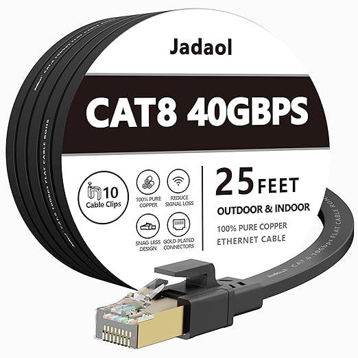 Jadaol Cat 8 Ethernet Cable 25 ft, 40Gbps 2000MHz Flat RJ45 S/FTP LAN Patch by Jadaol