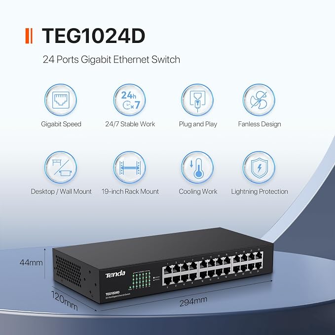 Tenda 24 Port Gigabit Ethernet Switch | Rackmount Network Switch | - Image 2