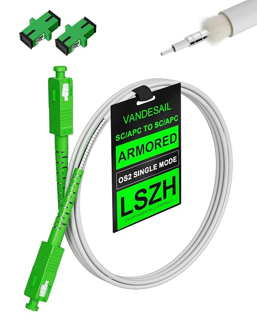 SC/APC to SC/APC Fiber Cable White 8M, OS2 Armored Single Mode Fiber Optic by VANDESAIL