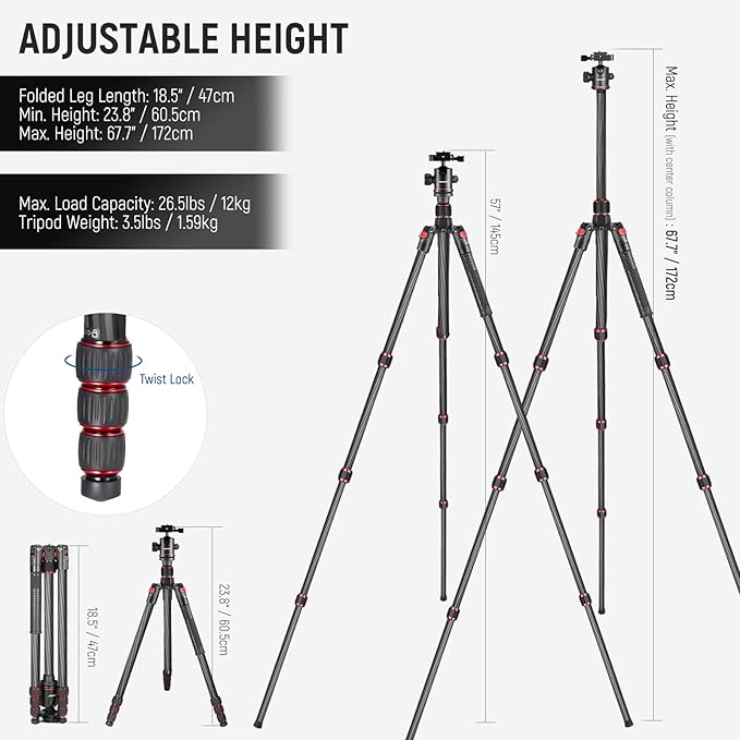 NEEWER 66"/168cm Carbon Fiber Tripod - Image 3