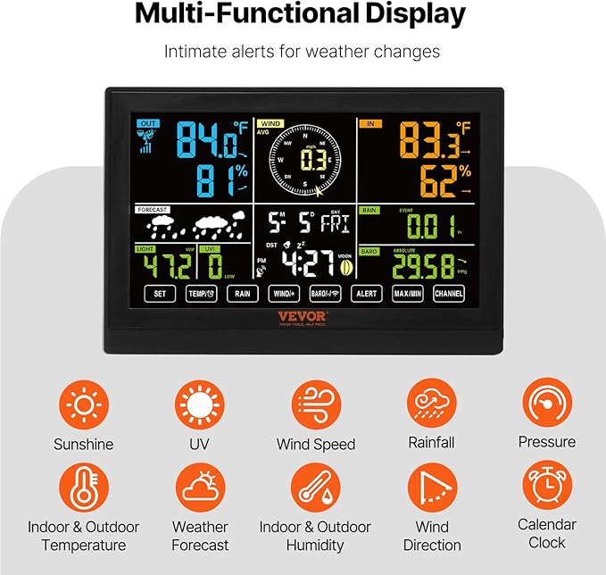 VEVOR 7-in-1 Wireless Weather Station, 7.5 in Color Display, Digital Weather - Image 5