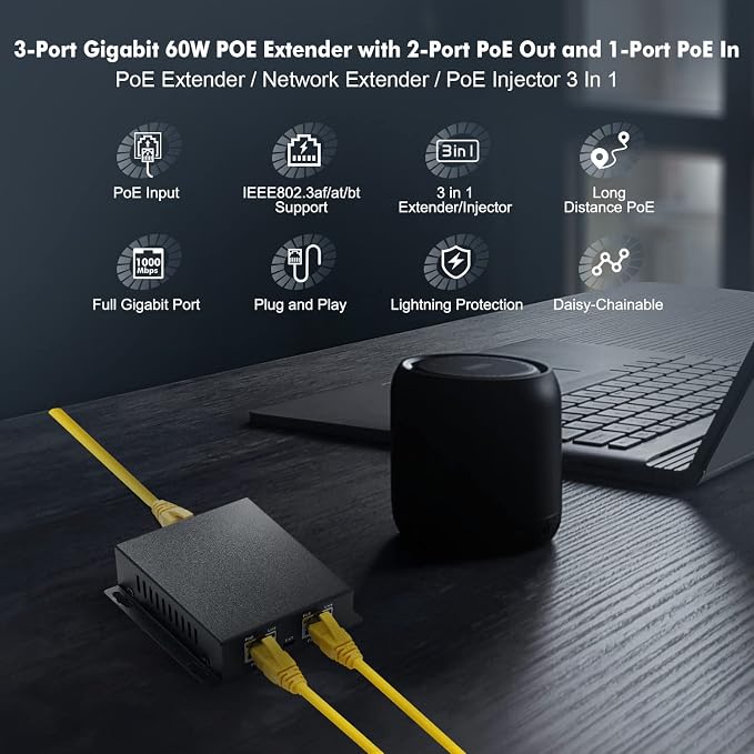 Binardat Gigabit PoE Extender Passthrough Switch, 1 in 2 Out, IEEE802.3af/at/bt - Image 2