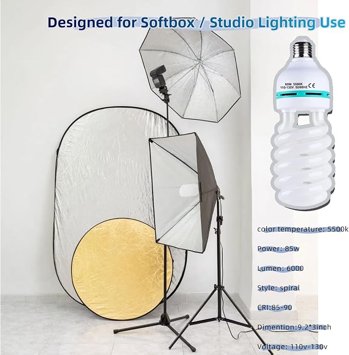 2Pcs 85W Light Bulb 5500K CFL Roas Daylight Spiral Softbox Lighting Kit Bulb in - Image 2