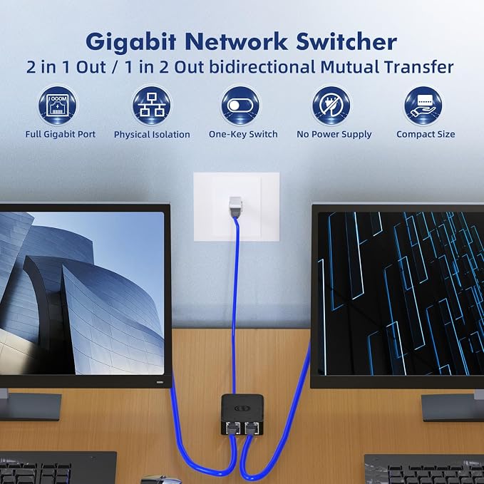 Binardat Gigabit Network Switcher, Passive Ethernet Selector, in/Out to A or B - Image 2