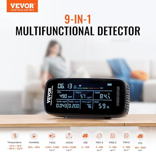 VEVOR Air Quality Monitor 9-in-1, Temperature, Formaldehyde TVOC AQI Tester - Image 2