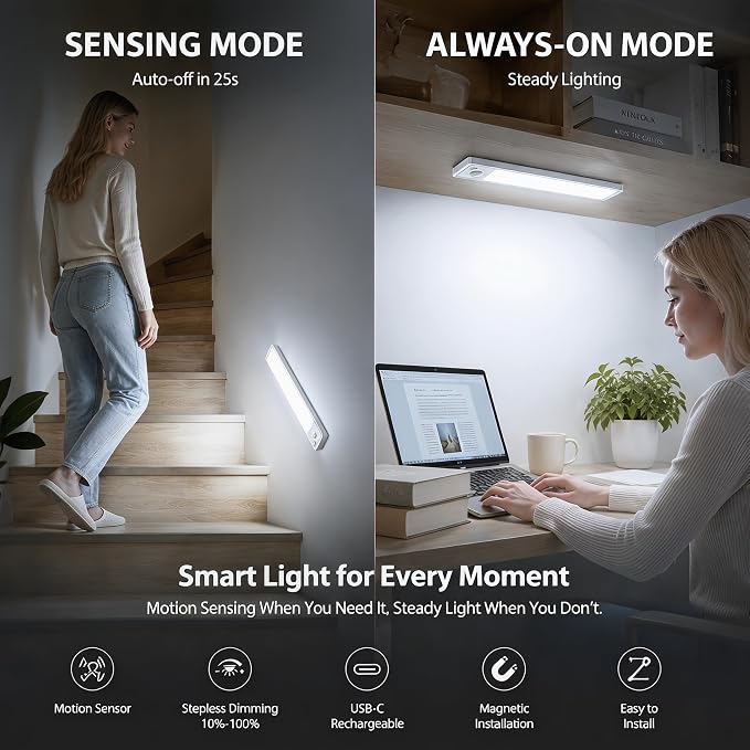 Under Cabinet Lighting: 8 Inch 3-Color Dimmable Rechargeable Motion Sensor - Image 6