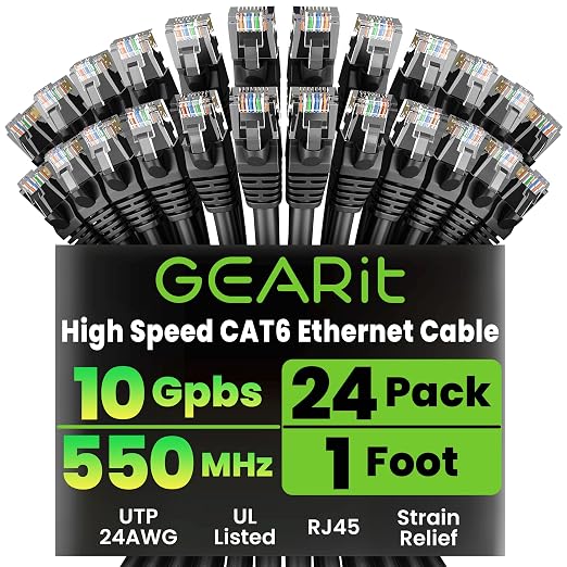 GEARit Cat 6 Ethernet Patch Cables 1 ft Black, CAT6 High Speed 24AWG 10Gbps by GEARit
