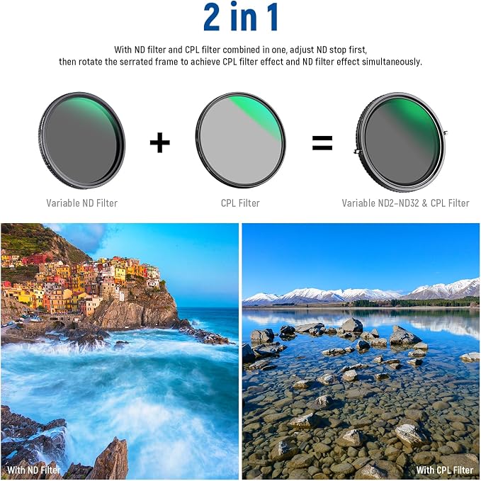NEEWER 2 in 1 72mm Variable ND Filter ND2–ND32&CPL Filter No X Cross/30 Layer - Image 2