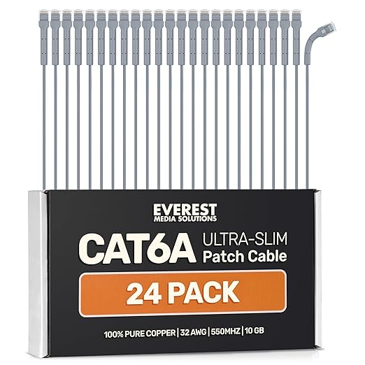 Everest Ultra Slim Cat6a Ethernet Patch Cables 0.5ft Gray by EverestMediaSolutions
