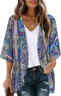 Women's Floral Print Puff Sleeve Kimono Cardigan Loose Cover Up Casual Blouse by CHICGAL