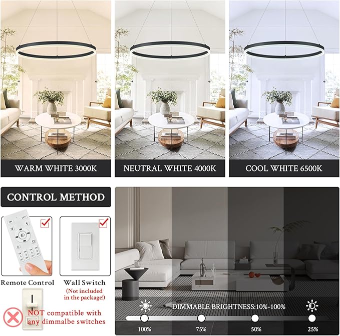 Modern LED Pendant Lighting Ring Chandelier Black Dimmable LED Chandelier - Image 2