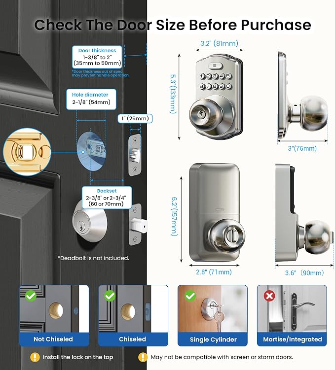 Veise KS03 Keypad Door Knob Lock, Keyless Entry Digital Lock - Image 8