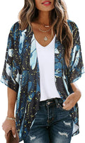 Women's Floral Print Puff Sleeve Kimono Cardigan Loose Cover Up Casual Blouse by CHICGAL