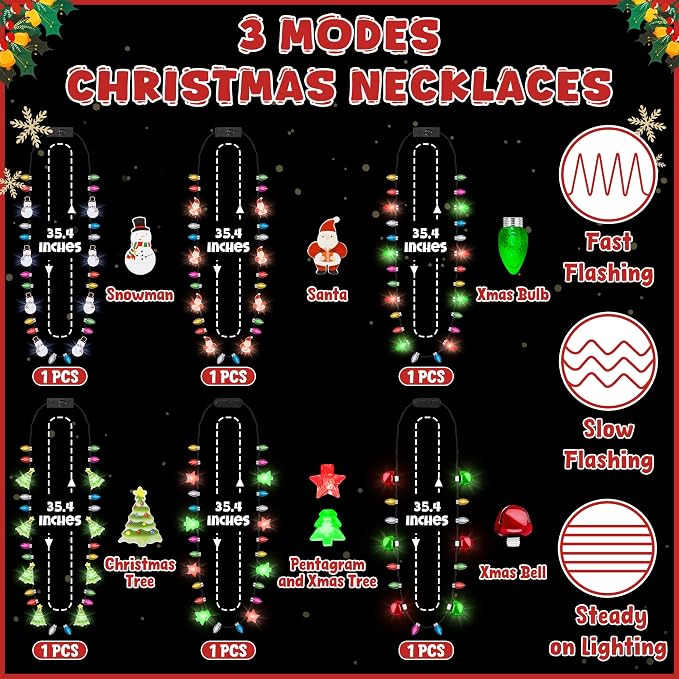 6PCS Light Up Christmas Necklaces, 3 Glow Modes Multicolor Xmas Accessories - Image 2